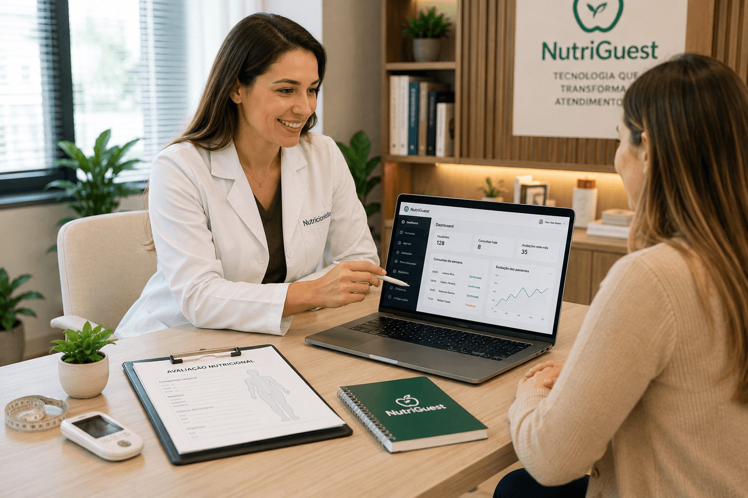 Nutricionista atendendo paciente com o NutriGuest em consultório